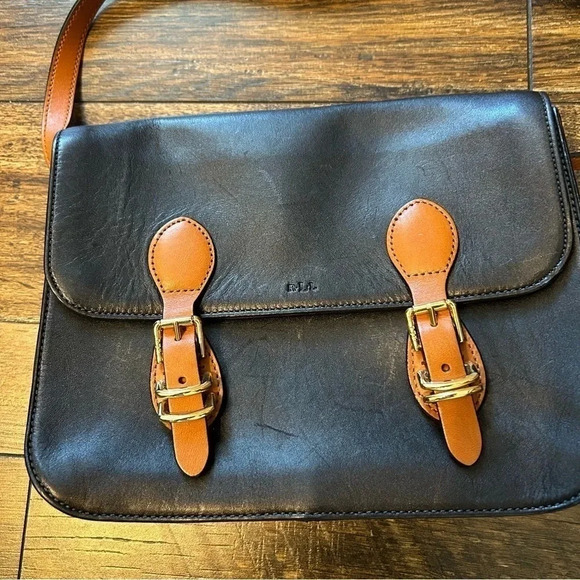 Lauren Ralph Lauren Bexley‎ Heath Medium Messenger Black W/Brown Strap & Buckles - Picture 3 of 13